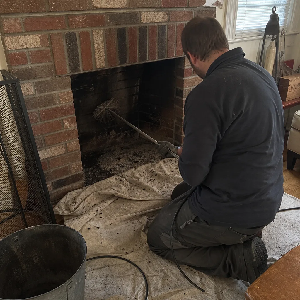 Professional chimney sweep cleaning a brick fireplace interior with a brush