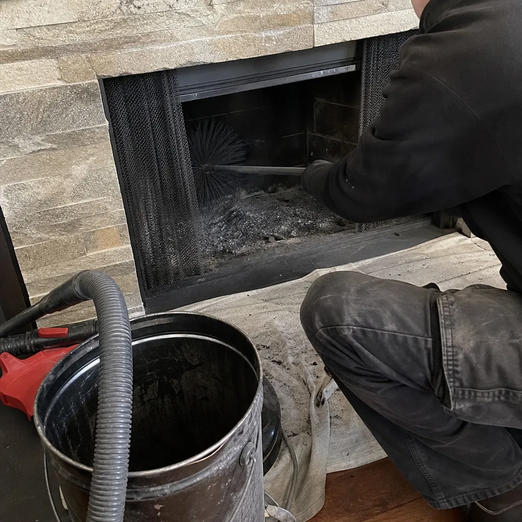 Professional chimney sweep cleaning a fireplace with a specialized brush and vacuum