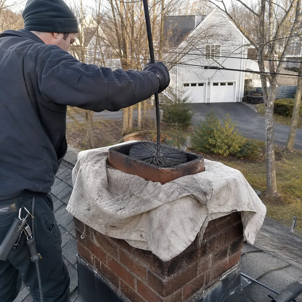 Professional chimney sweep cleaning a brick chimney with a wire brush.