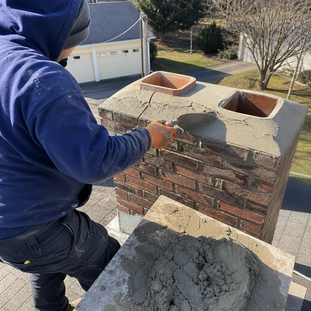 Professional technician repairing a damaged chimney crown with fresh mortar