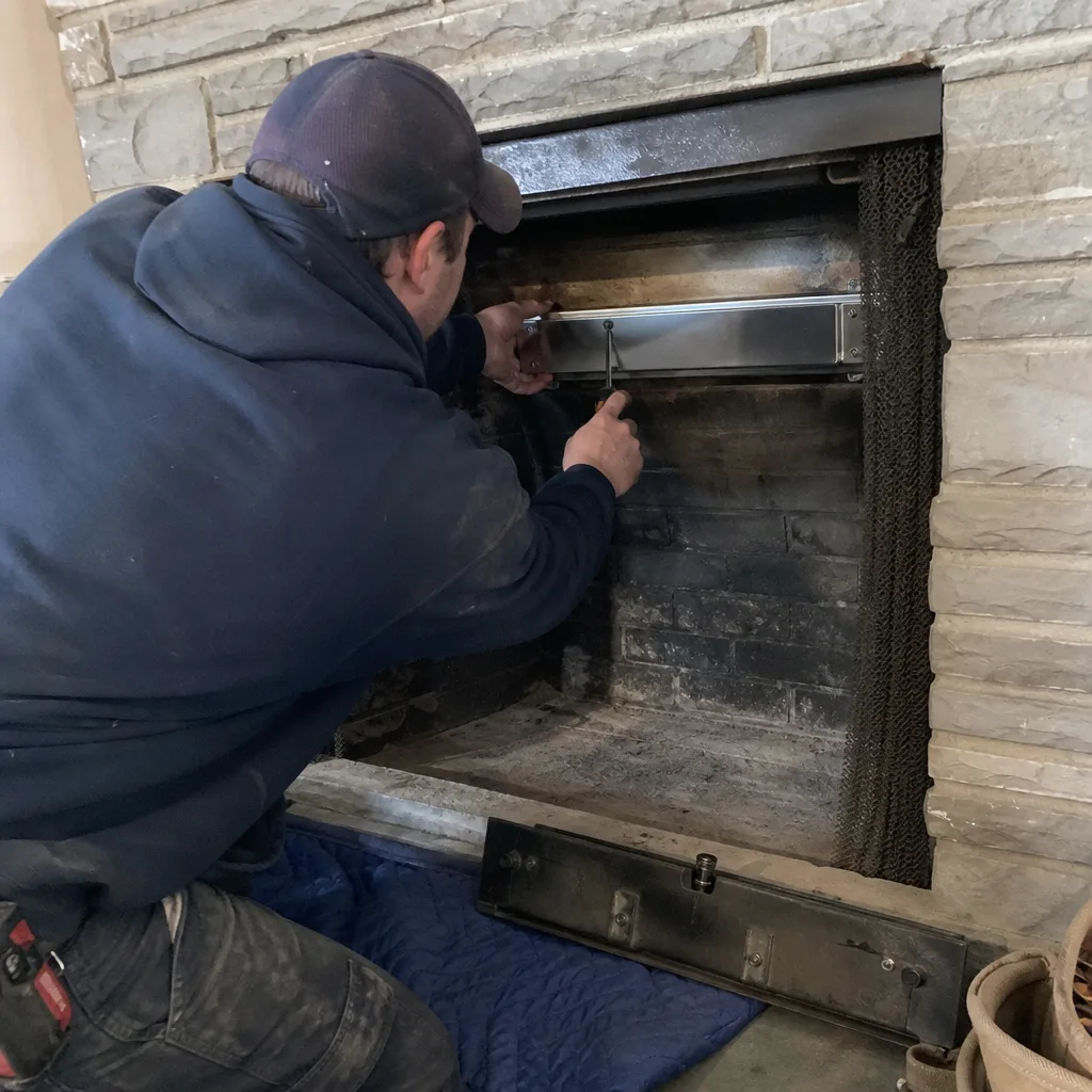 Chimney sweep installing metal fireplace insert panel in masonry hearth