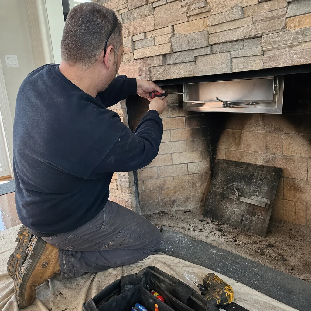 Professional technician installing a fireplace insert in a stone chimney.